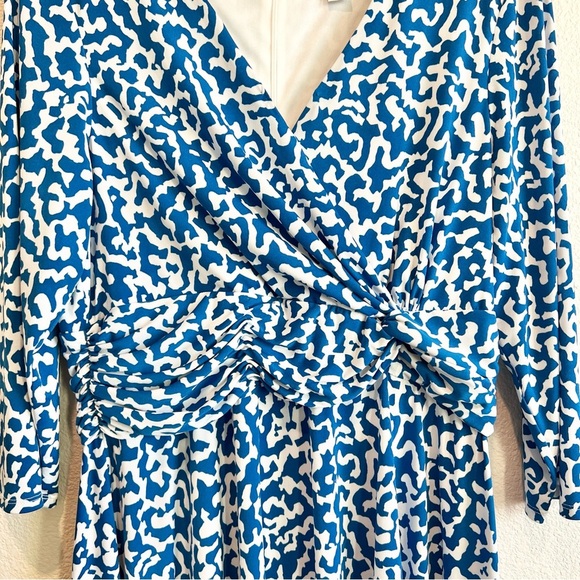 Christopher & Banks XL Faux Wrap Midi Dress Blue White Knot Front Flowy Stretch - Picture 2 of 10